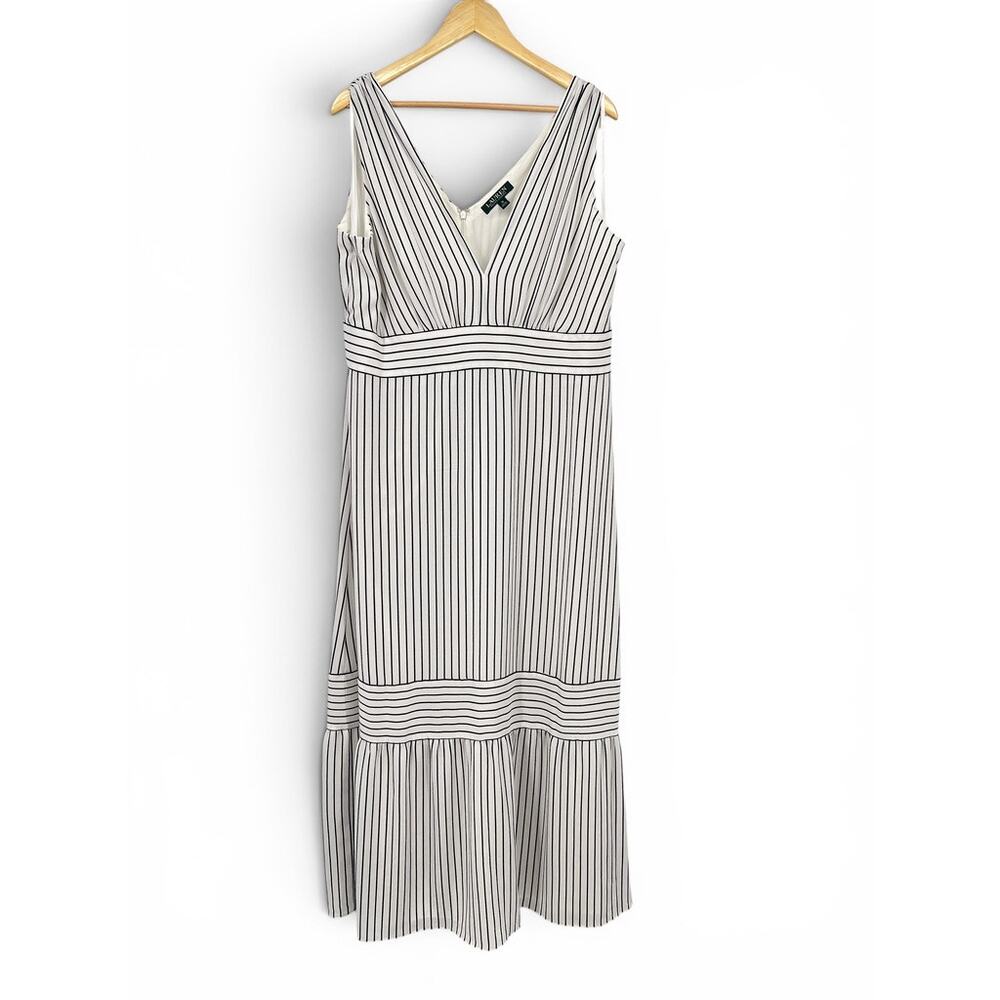 Ralph Lauren Striped Tiered Crepe Dress White Black Women's XL Sleeveless - Picture 2 of 8